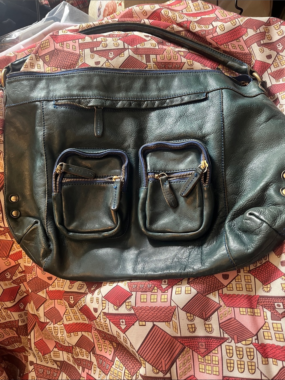 Large blue leather J Crew handbag purse tote